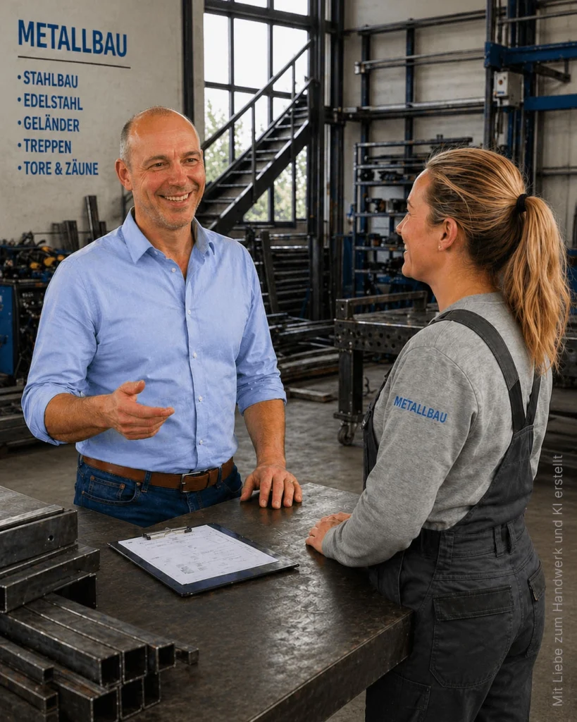 Harald Schmitz im Gespräch in einem Handwerksbetrieb